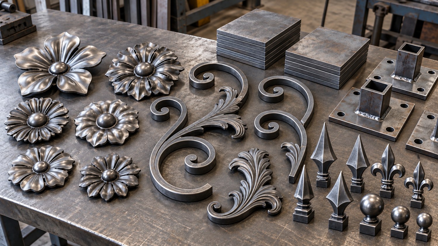 Illustrative gate ornaments and fabrication components