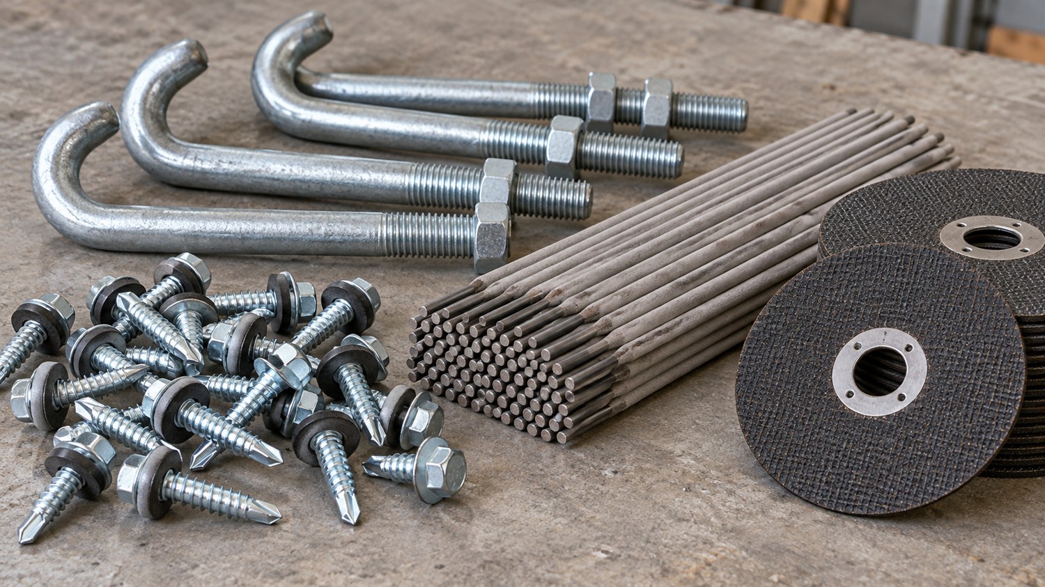 Illustrative screws, J-bolts, welding rods and cutting discs