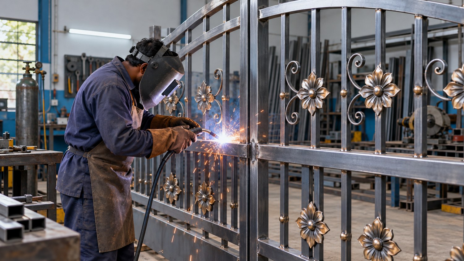 Illustrative welder wearing protective equipment while fabricating a decorative steel gate